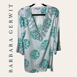 1075.‎ BARBARA GERWIT SWIMSUIT COVERUP WITH BEADING SIZE SMALL TEAL/WHITE
